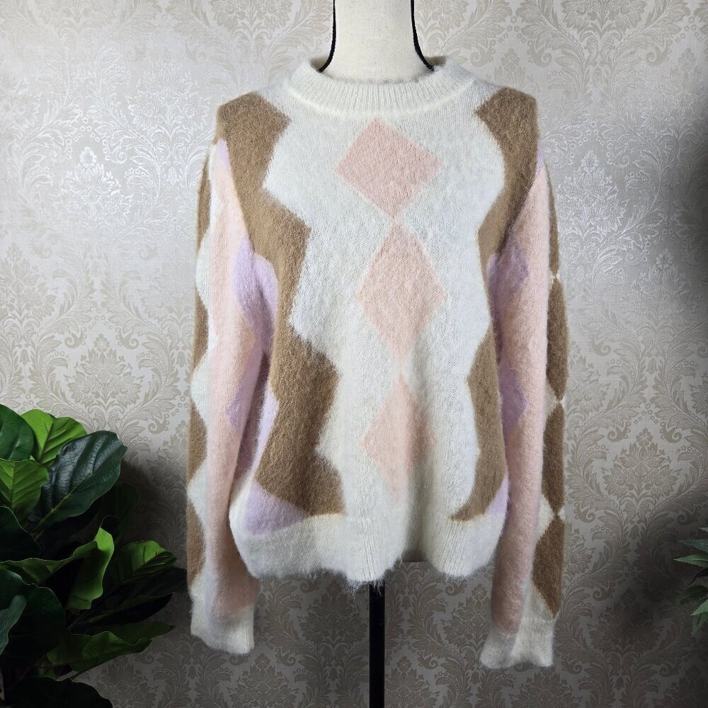 J. Crew Cream, Blush Pink & Tan Geometric Fuzzy Crewneck Sweater